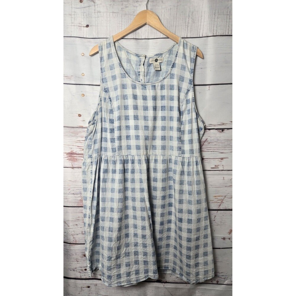 Love 2B Free Womens Dress Size 3X Blue Gingham Plaid Sundress Denim Babydoll